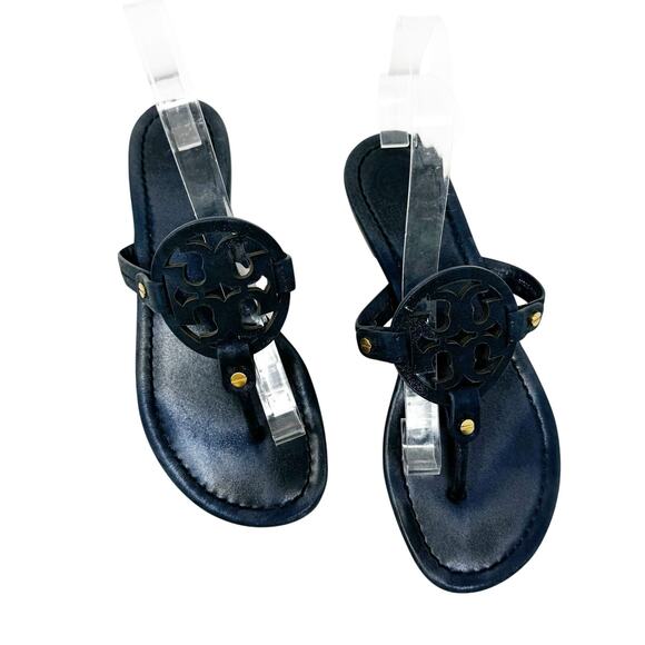 TORY Burch Navy Blue Sparkle Miller Logo Sandals Size 8.5 - Picture 2 of 10